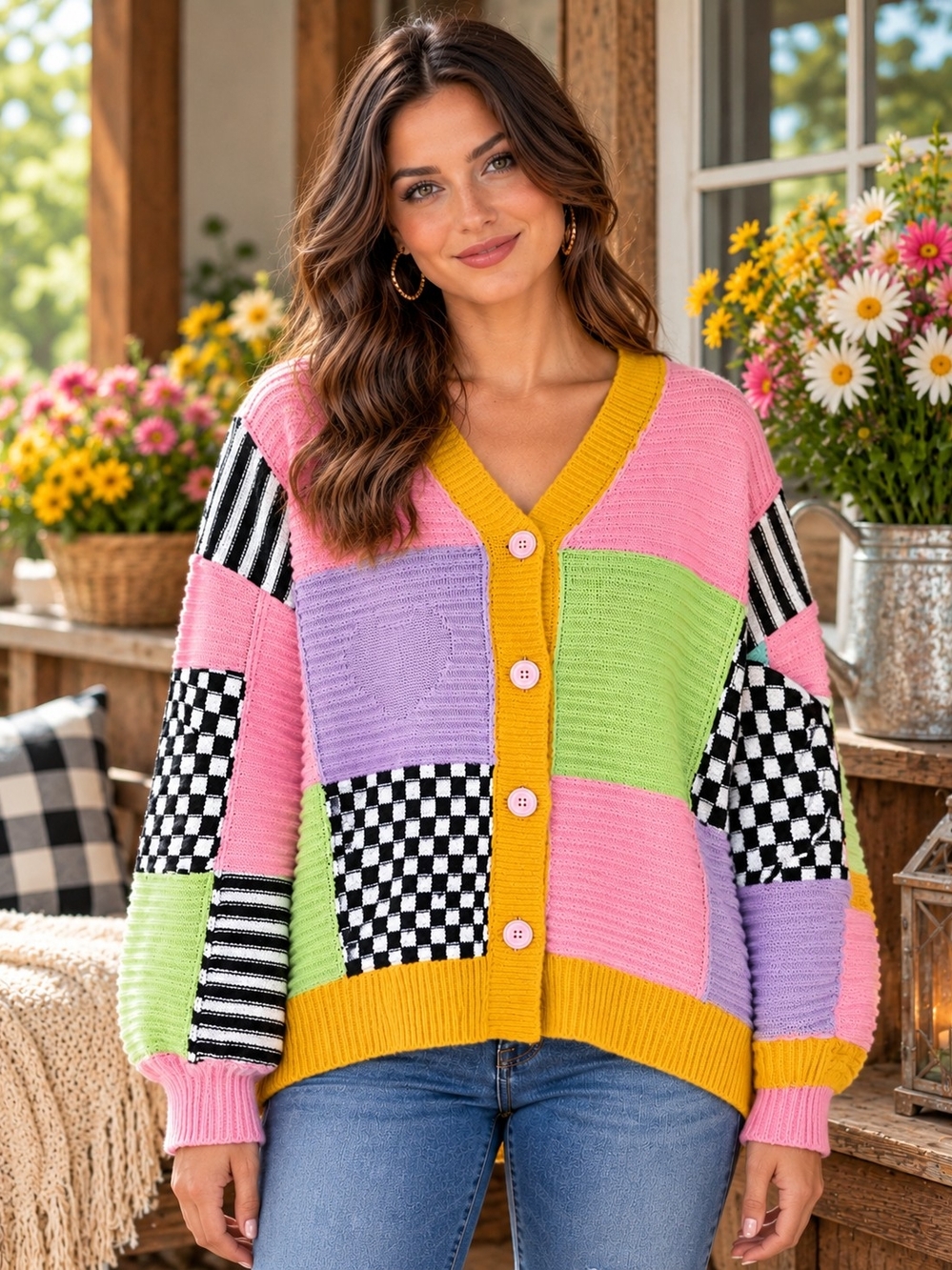 SHEIN Women’s 2X Multicolor Patchwork Checkerboard Button Cardigan